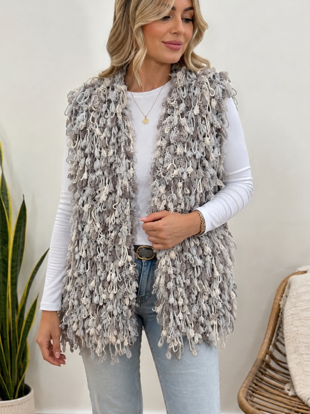 NWOT OUI Shaggy Knit Pom Pom Cardigan Vest